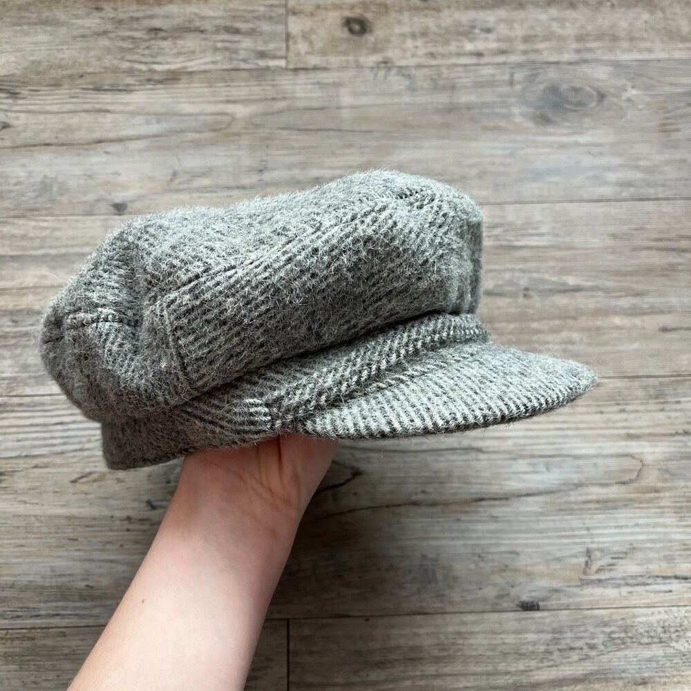 Vintage Barbisio Italy Wool Newsboy Cap Grey Herringbone Cabbie Hat Dark Academi